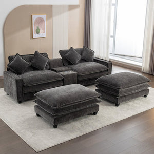 English Elm 111" Chenille Sectional Sofa with Pocket Spring Support Dual Ottomans and Hidden Storage Grey N719S002410E