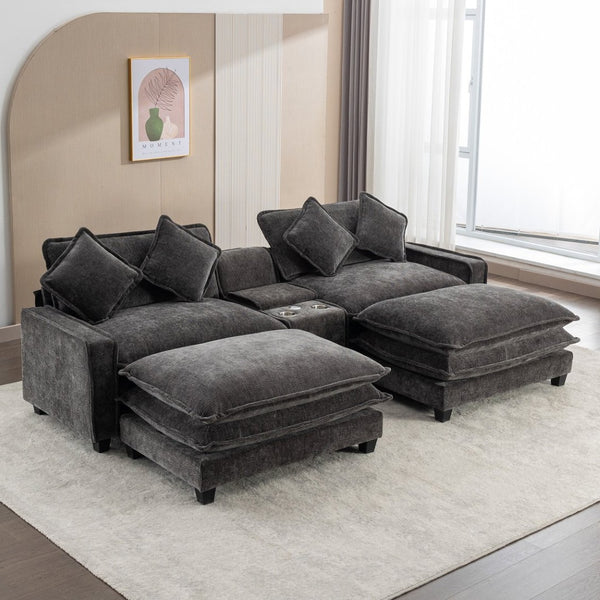 English Elm 111" Chenille Sectional Sofa with Pocket Spring Support Dual Ottomans and Hidden Storage Grey N719S002410E