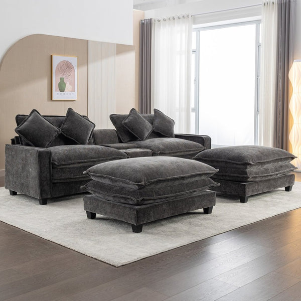 English Elm 111" Chenille Sectional Sofa with Pocket Spring Support Dual Ottomans and Hidden Storage Grey N719S002410E