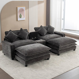 English Elm 111" Chenille Sectional Sofa with Pocket Spring Support Dual Ottomans and Hidden Storage Grey N719S002410E