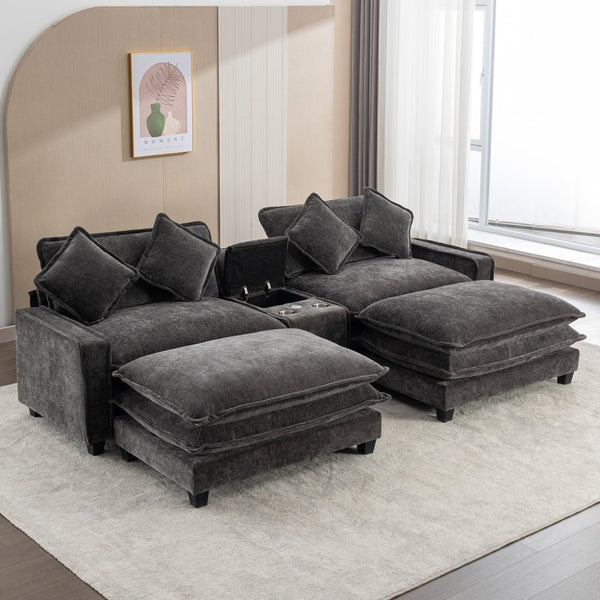 English Elm 111" Chenille Sectional Sofa with Pocket Spring Support Dual Ottomans and Hidden Storage Grey N719S002410E