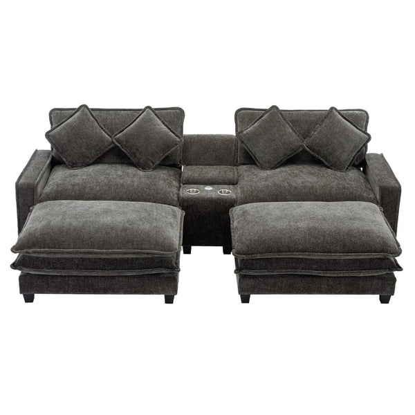 English Elm 111" Chenille Sectional Sofa with Pocket Spring Support Dual Ottomans and Hidden Storage Grey N719S002410E