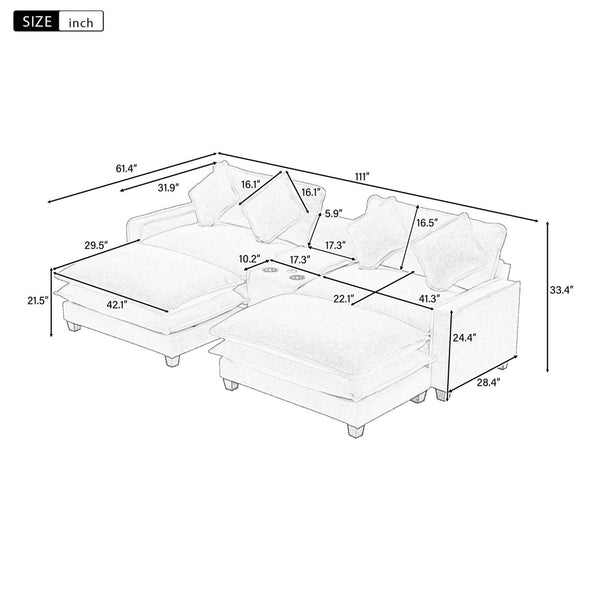English Elm 111" Chenille Sectional Sofa with Pocket Spring Support Dual Ottomans and Hidden Storage Grey N719S002410E