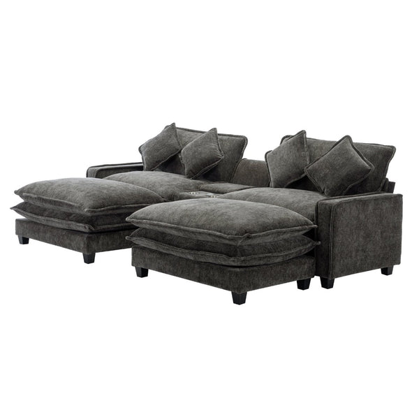 English Elm 111" Chenille Sectional Sofa with Pocket Spring Support Dual Ottomans and Hidden Storage Grey N719S002410E