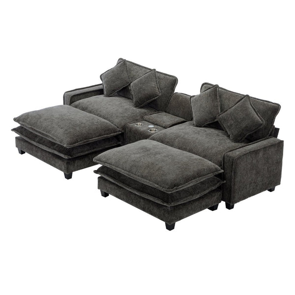 English Elm 111" Chenille Sectional Sofa with Pocket Spring Support Dual Ottomans and Hidden Storage Grey N719S002410E