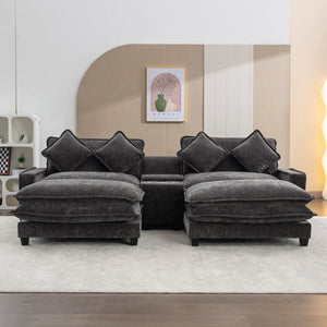 English Elm 111" Chenille Sectional Sofa with Pocket Spring Support Dual Ottomans and Hidden Storage Grey N719S002410E