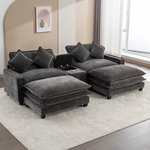 English Elm 111" Chenille Sectional Sofa with Pocket Spring Support Dual Ottomans and Hidden Storage Grey N719S002410E