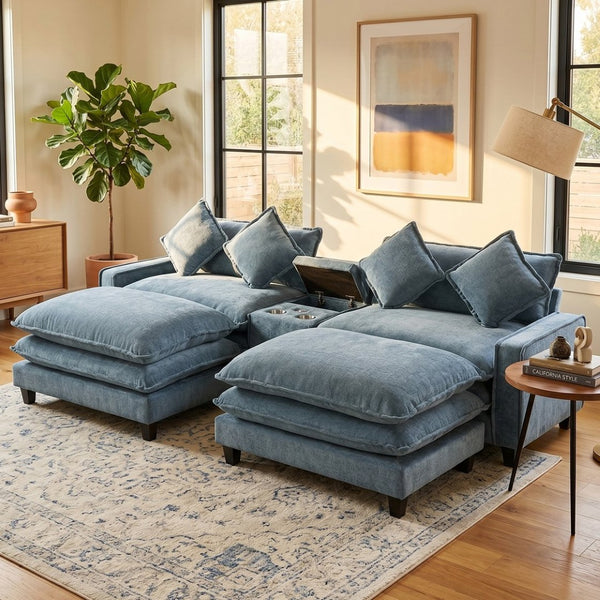 English Elm 111" Chenille Sectional Sofa with Pocket Spring Support Dual Ottomans and Hidden Storage Light Blue N719S002410H