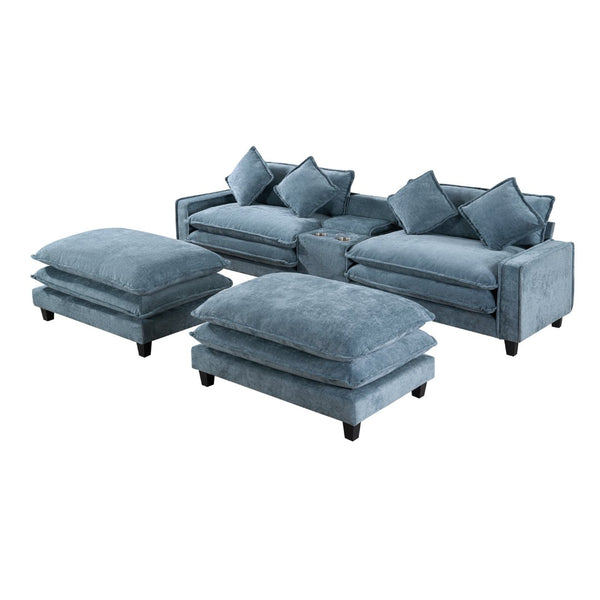 English Elm 111" Chenille Sectional Sofa with Pocket Spring Support Dual Ottomans and Hidden Storage Light Blue N719S002410H