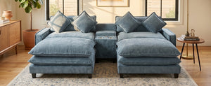 English Elm 111" Chenille Sectional Sofa with Pocket Spring Support Dual Ottomans and Hidden Storage Light Blue N719S002410H