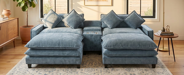 English Elm 111" Chenille Sectional Sofa with Pocket Spring Support Dual Ottomans and Hidden Storage Light Blue N719S002410H