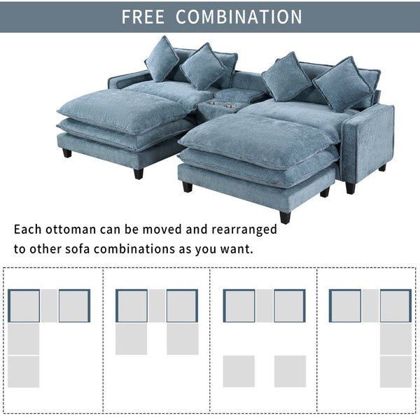 English Elm 111" Chenille Sectional Sofa with Pocket Spring Support Dual Ottomans and Hidden Storage Light Blue N719S002410H