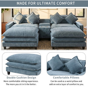 English Elm 111" Chenille Sectional Sofa with Pocket Spring Support Dual Ottomans and Hidden Storage Light Blue N719S002410H