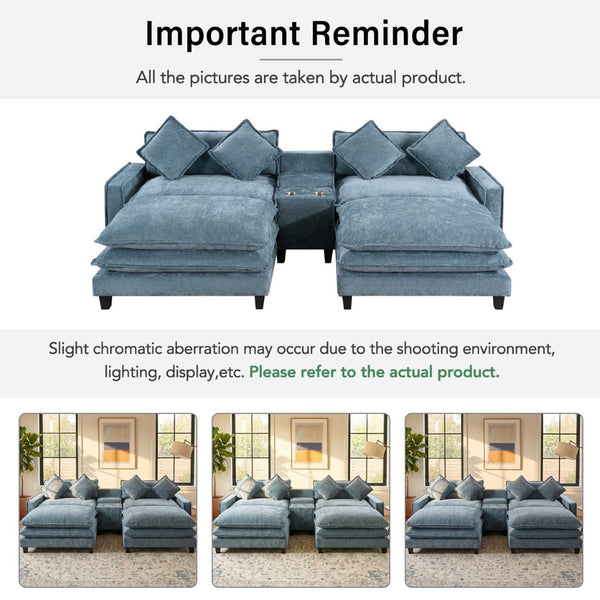 English Elm 111" Chenille Sectional Sofa with Pocket Spring Support Dual Ottomans and Hidden Storage Light Blue N719S002410H