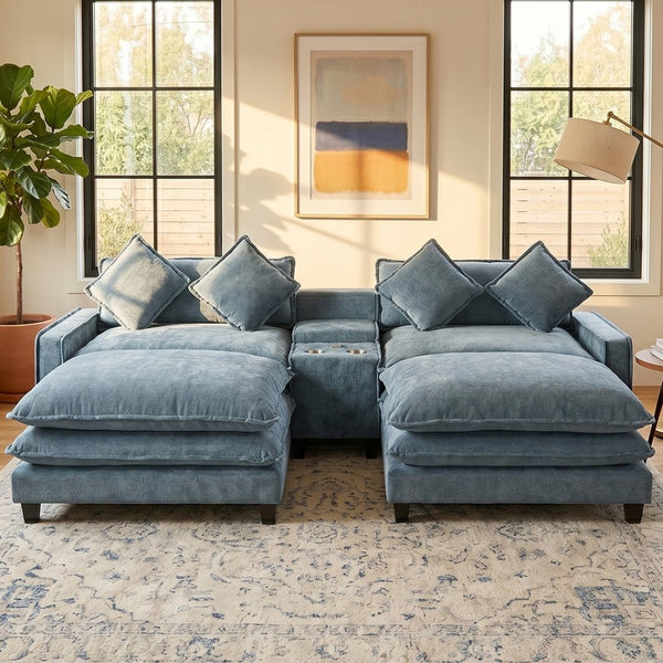 English Elm 111" Chenille Sectional Sofa with Pocket Spring Support Dual Ottomans and Hidden Storage Light Blue N719S002410H