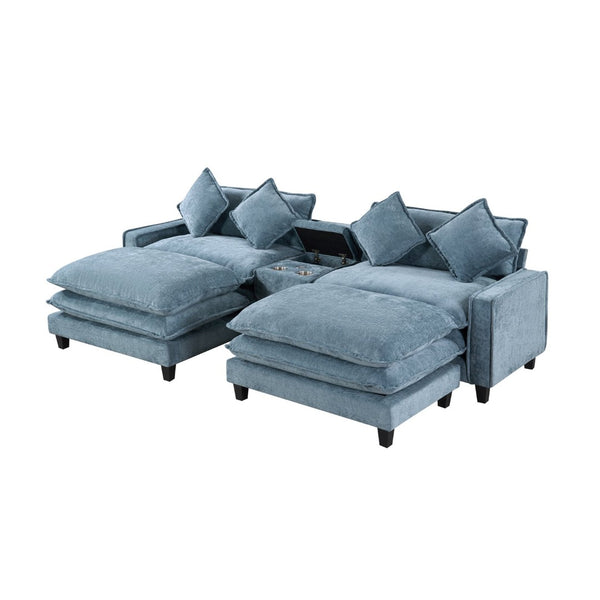 English Elm 111" Chenille Sectional Sofa with Pocket Spring Support Dual Ottomans and Hidden Storage Light Blue N719S002410H