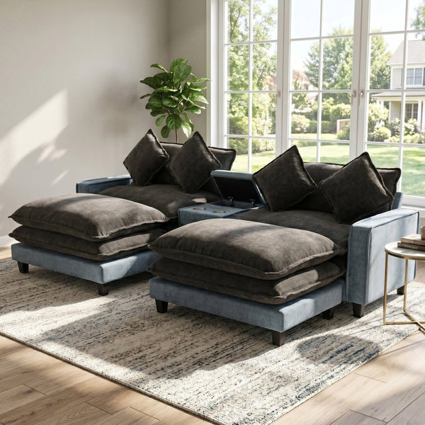 English Elm 111" Chenille Sectional Sofa with Pocket Spring Support Dual Ottomans and Hidden Storage N719S002410Z