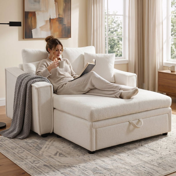 English Elm Modern Velvet Chaise Sofa with Hidden Storage Pocket Spring Support and Plush Pillows Beige N719S002440A