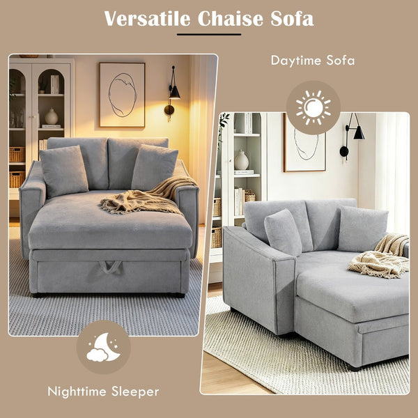 English Elm Modern Velvet Chaise Sofa with Hidden Storage Pocket Spring Support and Plush Pillows Grey N719S002440E