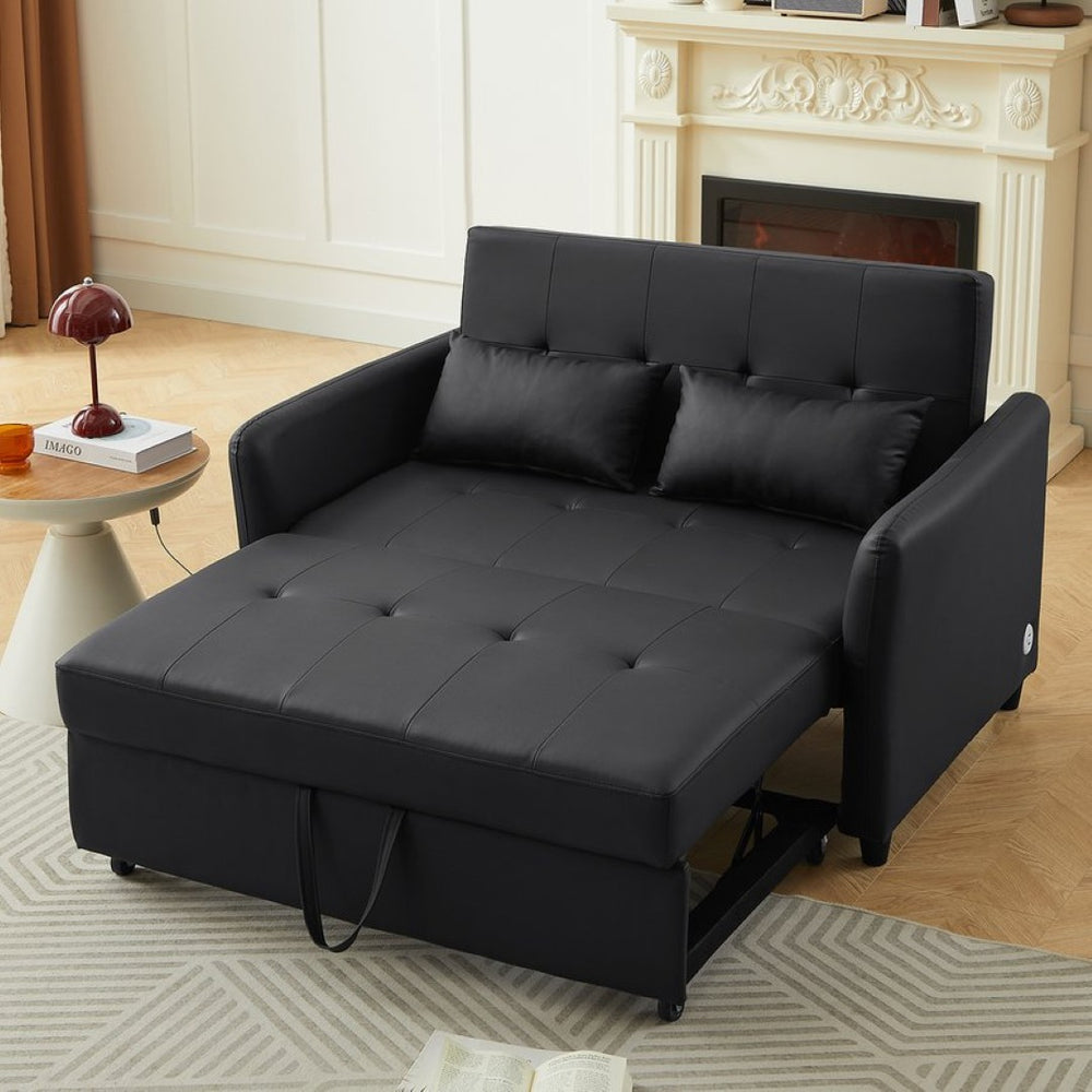 English Elm Orisfur. Pu Leather Convertible Loveseat Sleeper with Usb Ports for Studio Apartments Black N719S002450B