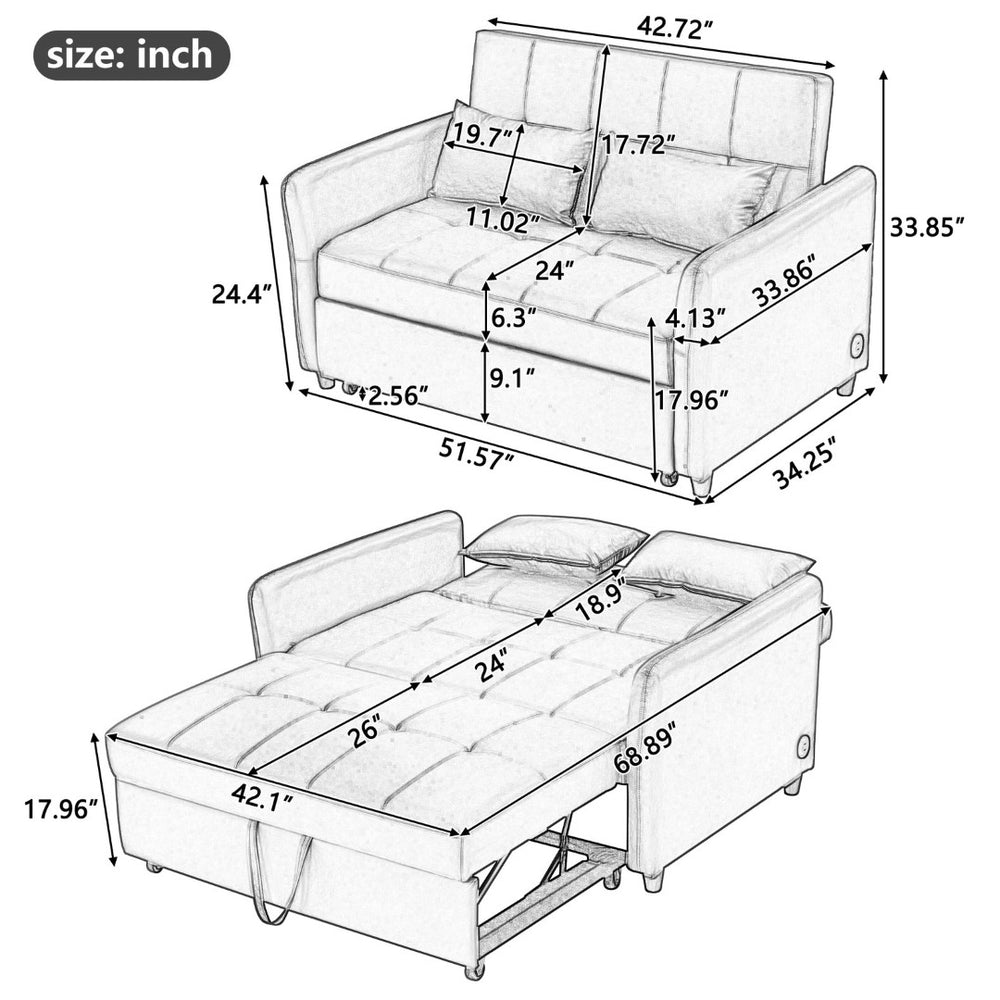 English Elm Orisfur. Pu Leather Convertible Loveseat Sleeper with Usb Ports for Studio Apartments Black N719S002450B