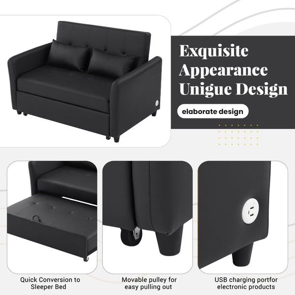 English Elm Orisfur. Pu Leather Convertible Loveseat Sleeper with Usb Ports for Studio Apartments Black N719S002450B