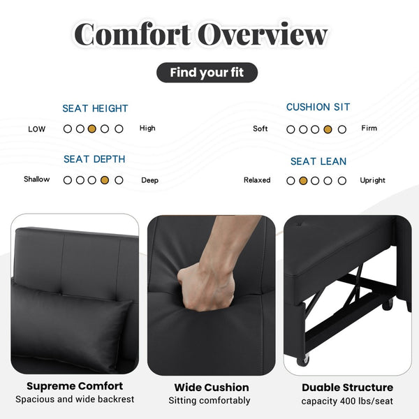 English Elm Orisfur. Pu Leather Convertible Loveseat Sleeper with Usb Ports for Studio Apartments Black N719S002450B
