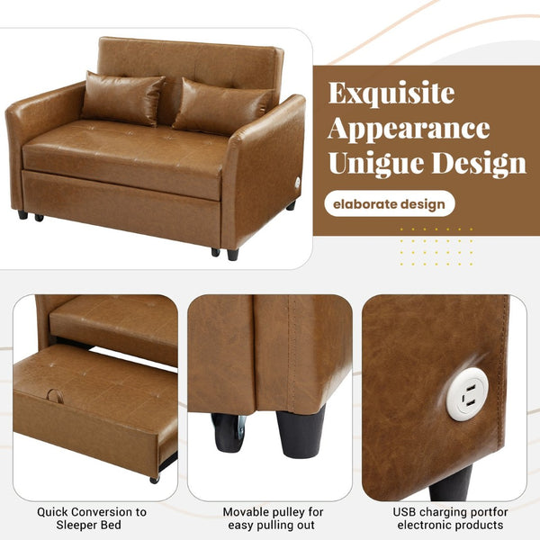 English Elm Orisfur. Pu Leather Convertible Loveseat Sleeper with Usb Ports for Studio Apartments Brown N719S002450D