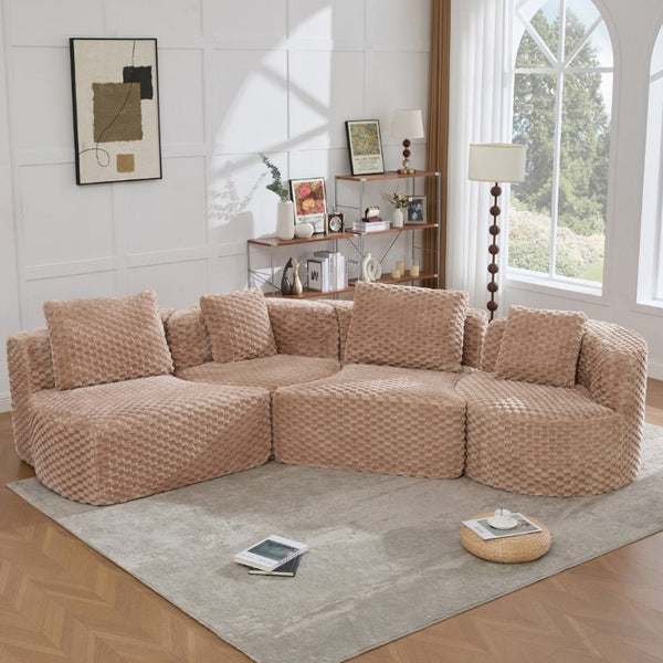 English Elm Modular Sectional Sofa Bubble Velvet Upholstered Low Profile Living Room Couch Camel N719S002460D