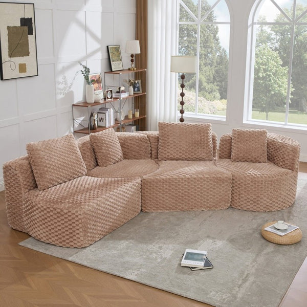 English Elm Modular Sectional Sofa Bubble Velvet Upholstered Low Profile Living Room Couch Camel N719S002460D