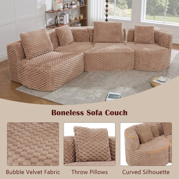 English Elm Modular Sectional Sofa Bubble Velvet Upholstered Low Profile Living Room Couch Camel N719S002460D