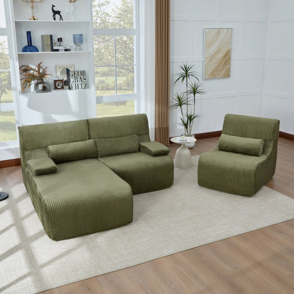 English Elm Modern Corduroy L-shaped Sectional Sofa Modular Ergonomic Couch for Living Room Green N719S002470F