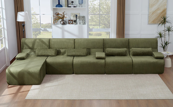 English Elm Oversized Corduroy L-shaped Sectional Sofa Modular Retro Modern Living Room Couch Green N719S002471F
