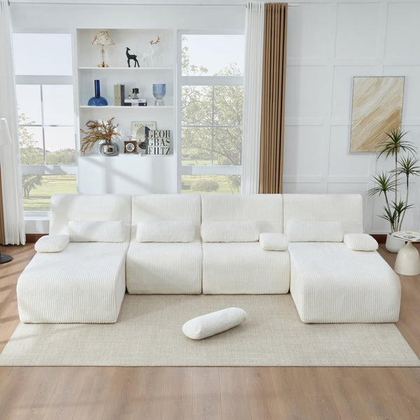 English Elm Oversized U-shaped Corduroy Sectional with Deep Seats and Modular Lounging Layout Beige N719S002472A