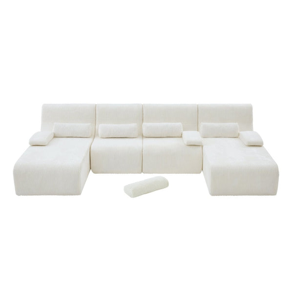 English Elm Oversized U-shaped Corduroy Sectional with Deep Seats and Modular Lounging Layout Beige N719S002472A
