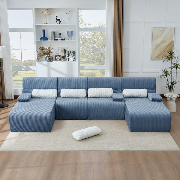 English Elm Oversized U-shaped Corduroy Sectional with Deep Seats and Modular Lounging Layout Blue N719S002472C