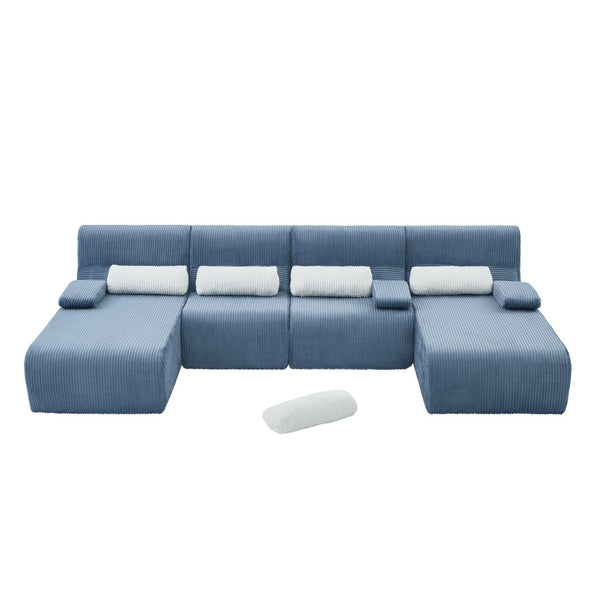 English Elm Oversized U-shaped Corduroy Sectional with Deep Seats and Modular Lounging Layout Blue N719S002472C
