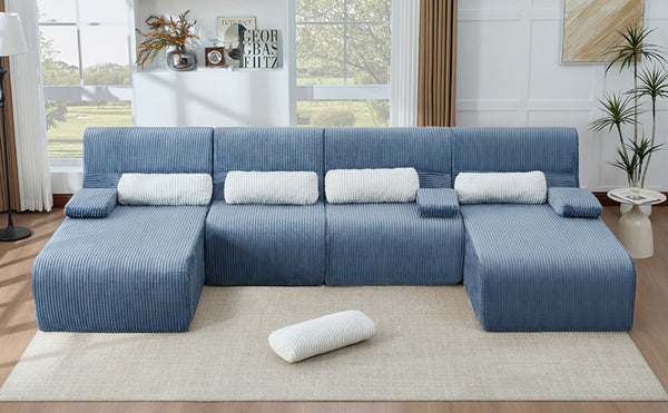 English Elm Oversized U-shaped Corduroy Sectional with Deep Seats and Modular Lounging Layout Blue N719S002472C