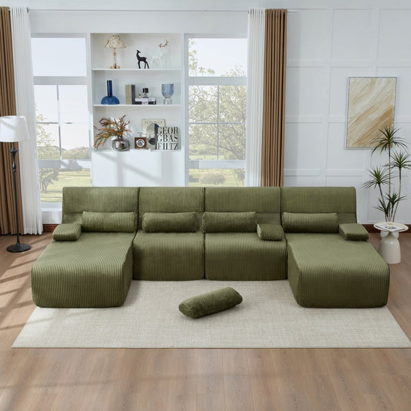 English Elm Oversized U-shaped Corduroy Sectional with Deep Seats and Modular Lounging Layout Green N719S002472F