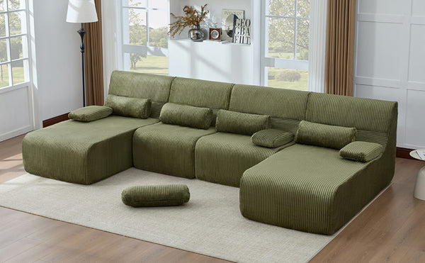 English Elm Oversized U-shaped Corduroy Sectional with Deep Seats and Modular Lounging Layout Green N719S002472F