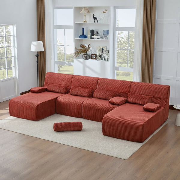 English Elm Oversized U-shaped Corduroy Sectional with Deep Seats and Modular Lounging Layout Red N719S002472J
