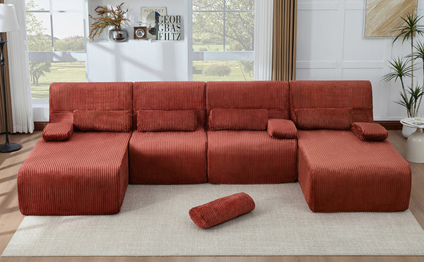 English Elm Oversized U-shaped Corduroy Sectional with Deep Seats and Modular Lounging Layout Red N719S002472J