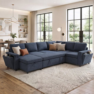 English Elm U-Shaped Chenille Sectional Sleeper Sofa with Storage and USB Ports for Living Room Blue N719S002480C