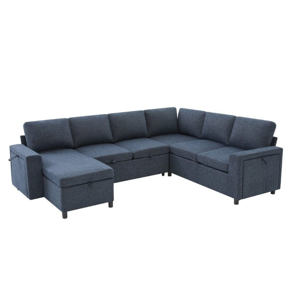 English Elm U-Shaped Chenille Sectional Sleeper Sofa with Storage and USB Ports for Living Room Blue N719S002480C