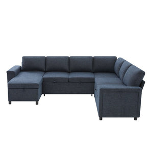 English Elm U-Shaped Chenille Sectional Sleeper Sofa with Storage and USB Ports for Living Room Blue N719S002480C