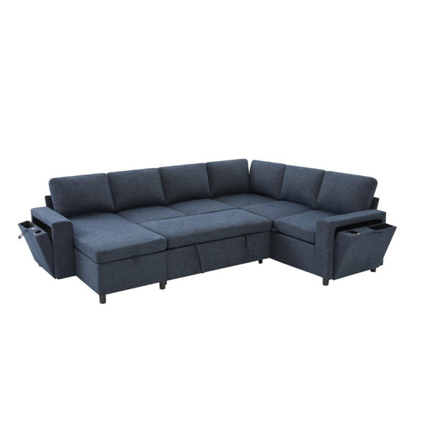 English Elm U-Shaped Chenille Sectional Sleeper Sofa with Storage and USB Ports for Living Room Blue N719S002480C