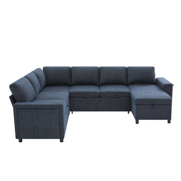 English Elm U-Shaped Chenille Sectional Sleeper Sofa with Storage and USB Ports for Living Room Blue N719S002480C