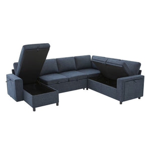 English Elm U-Shaped Chenille Sectional Sleeper Sofa with Storage and USB Ports for Living Room Blue N719S002480C