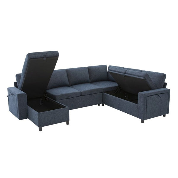 English Elm U-Shaped Chenille Sectional Sleeper Sofa with Storage and USB Ports for Living Room Blue N719S002480C