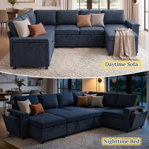 English Elm U-Shaped Chenille Sectional Sleeper Sofa with Storage and USB Ports for Living Room Blue N719S002480C